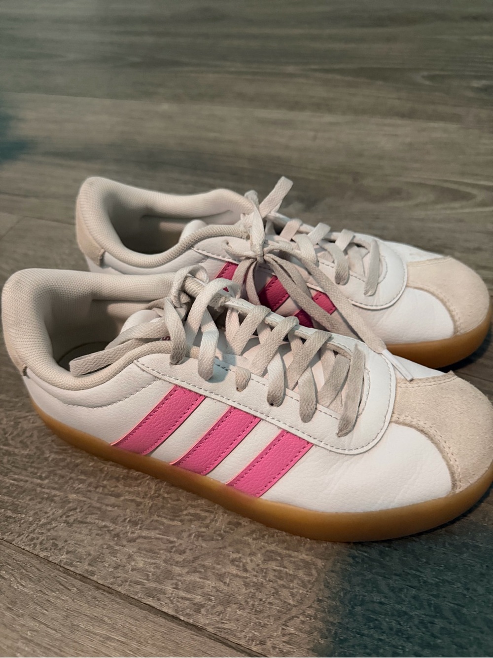 adidas Kids White Sneakers with Pink Stripes and Gum Outsole